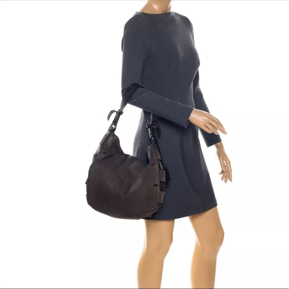 FURLA Suede Baggy Gray Hobo Leather Elegant Brown Shoulder Bag Medium Size